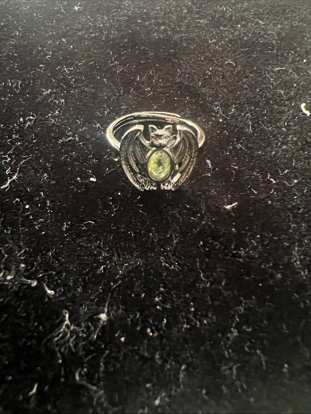 Silver Bat Motif Ring with Green Gemstone
